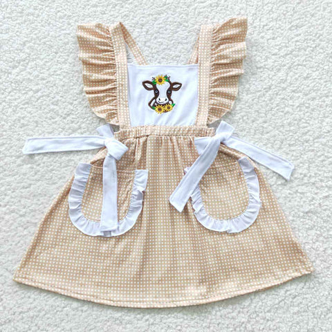 GSD0299 Embroidery Cow Pink Plaid Pockets Cute Girl's Dress