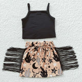 GSD0355 Western Cactus Tassel Black Skirt Girl's Set