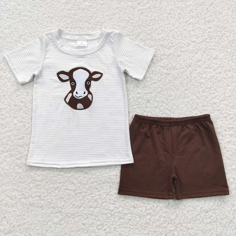 BSSO0218 Embroidery Cow Brown Boy's Shorts Set
