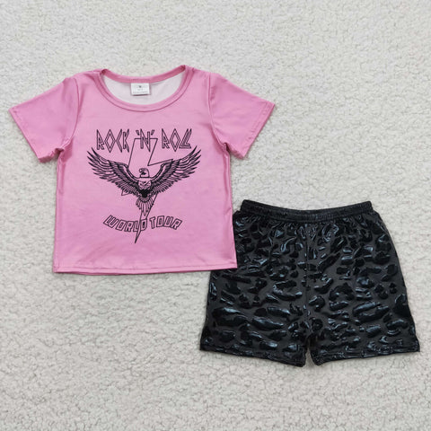 GSSO0316 World Tour Eagle Pink Black Leather Girl's Shorts Set