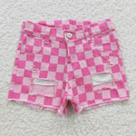 SS0092 Summer Plaid Pink Hole Denim Girl's Shorts