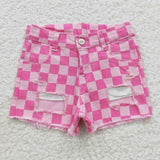 SS0092 Summer Plaid Pink Hole Denim Girl's Shorts