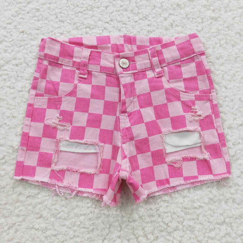 SS0092 Summer Plaid Pink Hole Denim Girl's Shorts