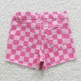 SS0092 Summer Plaid Pink Hole Denim Girl's Shorts