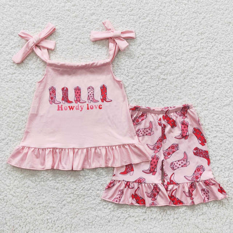 GSSO0270 Howdy Love Boots Pink Girl's Shorts Set