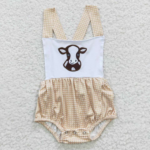 SR0313 Embroidery Cow Pink Plaid Brown Cute Baby Boy's Romper