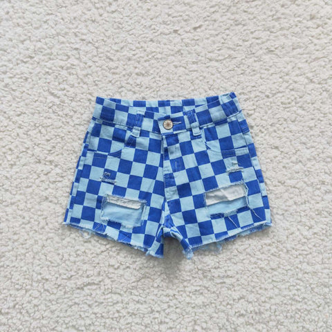 SS0093 Summer Plaid Blue Hole Denim Girl's Shorts