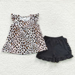 GSSO0312 Leopard Black Girl's Shorts Set