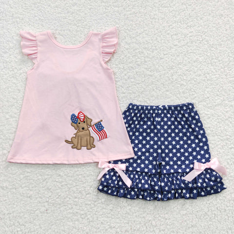 GSSO0236 Embroidery July 4th National day Flag Dog Star Girl's Shorts Set