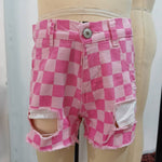 SS0092 Summer Plaid Pink Hole Denim Girl's Shorts