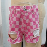 SS0092 Summer Plaid Pink Hole Denim Girl's Shorts