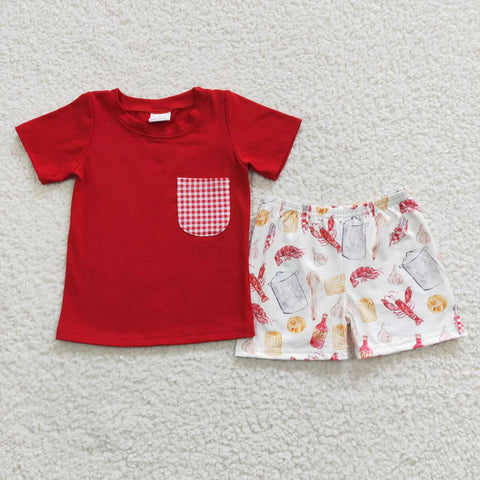 BSSO0250 Summer Crawfish Food Red Boy's Shorts Set