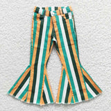 P0131 Fashion Green Stripe Denim Flared Girl's Pants Jeans