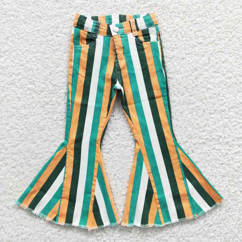 P0131 Fashion Green Stripe Denim Flared Girl's Pants Jeans