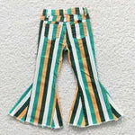 P0131 Fashion Green Stripe Denim Flared Girl's Pants Jeans