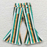 P0131 Fashion Green Stripe Denim Flared Girl's Pants Jeans