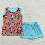 BSSO0251 Summer Western Cactus Blue Sleeveless Boy's Shorts Set