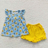 GSSO0318 Flower Blue Yellow Girl's Shorts Set