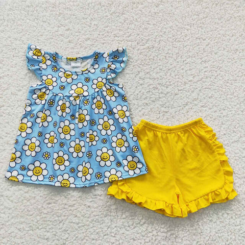 GSSO0318 Flower Blue Yellow Girl's Shorts Set