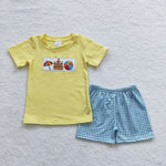 BSSO0248 Summer Embroidery Castle Rain Yellow Boy's Shorts Set