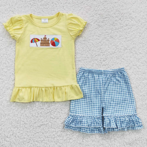 GSSO0276 Embroidery Summer Castle Rain Yellow Girl's Shorts Set