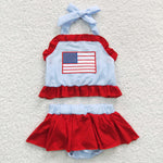 S0134 Summer July 4th National Day Flag Embroidered seersucker Girl's Set