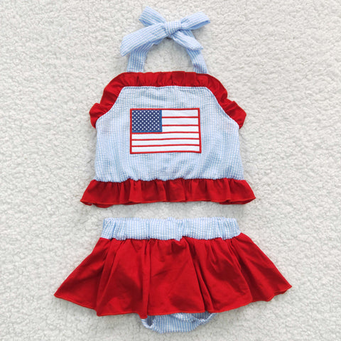 S0134 Summer July 4th National Day Flag Embroidered seersucker Girl's Set