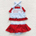 S0134 Summer July 4th National Day Flag Embroidered seersucker Girl's Set