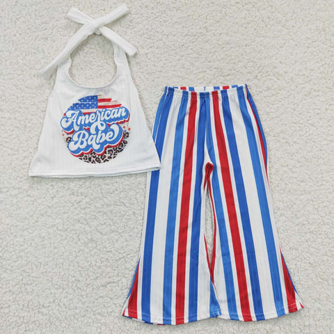 GSPO0655 July 4th American Babe Red Blue Stripe Girl's Set Ribbed Milk Silk Fabric