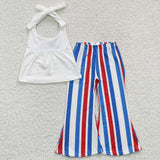 GSPO0655 July 4th American Babe Red Blue Stripe Girl's Set Ribbed Milk Silk Fabric