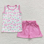 GSSO0323 Cherry Sleeveless Pink Girl's Shorts Set