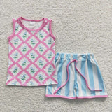 GSSO0324 Flower Sleeveless Blue Stripe Girl's Shorts Set