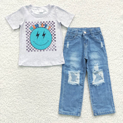 BSPO0117 Mama's boy Grey Hole Jeans 2 Pcs Boy's Set