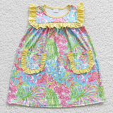 GSD0391 Summer Lilly prints Flower Sleeveless Yellow Pockets Girl's Dress