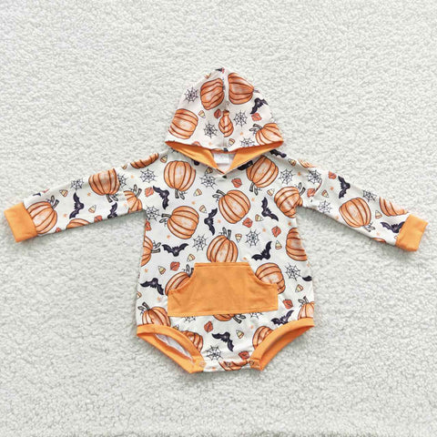 LR0273 Halloween Pumpkin Hoodie Baby Bubble Girl's Romper