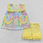 GSSO0337 Summer Lilly prints Flower Sleeveless Yellow Pockets Girl's Shorts Set