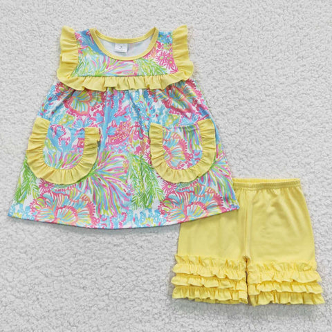 GSSO0337 Summer Lilly prints Flower Sleeveless Yellow Pockets Girl's Shorts Set