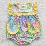 SR0391 Summer Lilly prints Flower Sleeveless Yellow Pockets Baby Girl's Romper