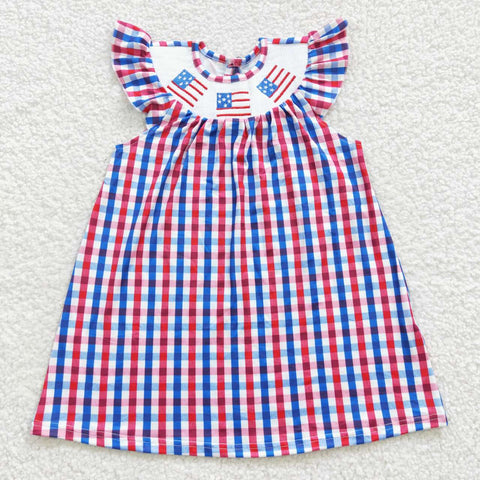 GSD0387 Smocked July 4th Flag Red Blue Plaid Boutique Girl's Dress