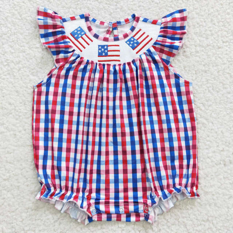 SR0388 Smocked July 4th Flag Red Blue Plaid Boutique Baby Girl's Romper