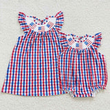 SR0388 Smocked July 4th Flag Red Blue Plaid Boutique Baby Girl's Romper