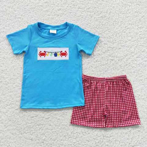 BSSO0247 Summer Embroidery Crab Blue Boy's Shorts Set