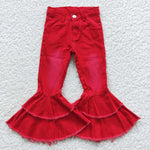 Fashion Bleach Red Jeans Denim Flared Pants Girl's Jeans