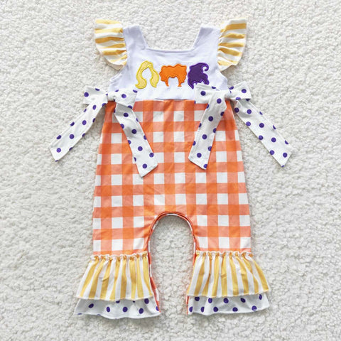 SR0383 Embroidery Halloween Orange Plaid Baby Girl's Romper