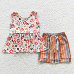 GSSO0339 Summer Flower Stripe Girl's Shorts Set Ribbed Milk Silk