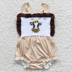 SR0312 Embroidery Cow Plaid Brown Baby Cute Girl's Romper
