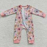 LR0301 Flower Pink Zip Baby Romper Onesie