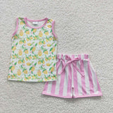 GSSO0322 Lemon Sleeveless Pink Stripe Girl's Shorts Set