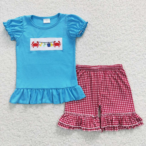 GSSO0274 Summer Embroidery Crab Blue Girl's Shorts Set