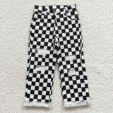 P0122 Black Plaid Denim Boy's Girl's Pants Jeans